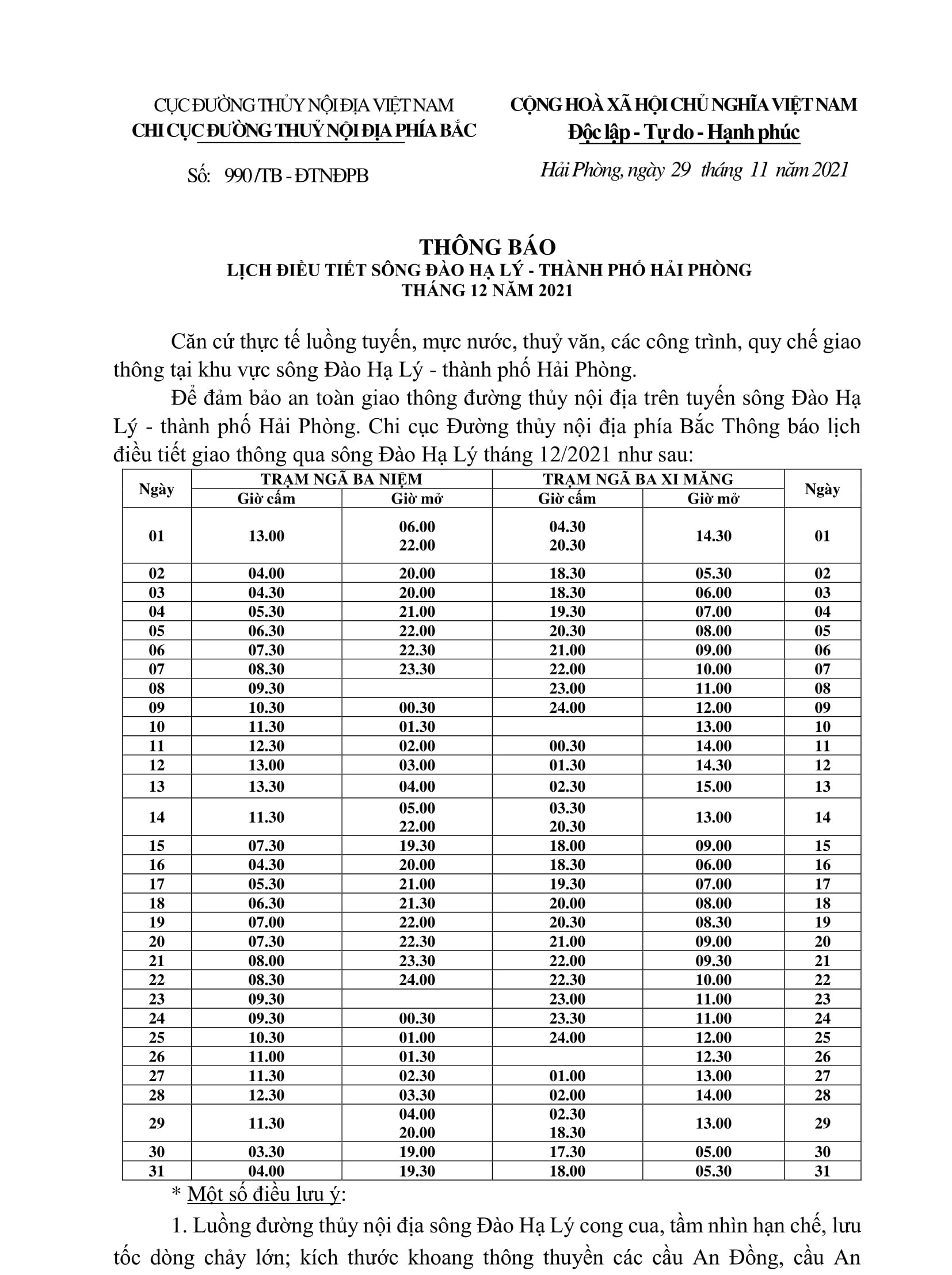 Thông báo điều chỉnh lịch điều tiết sông Đào Hạ Lý - TP Hải Phòng tháng 12/2021