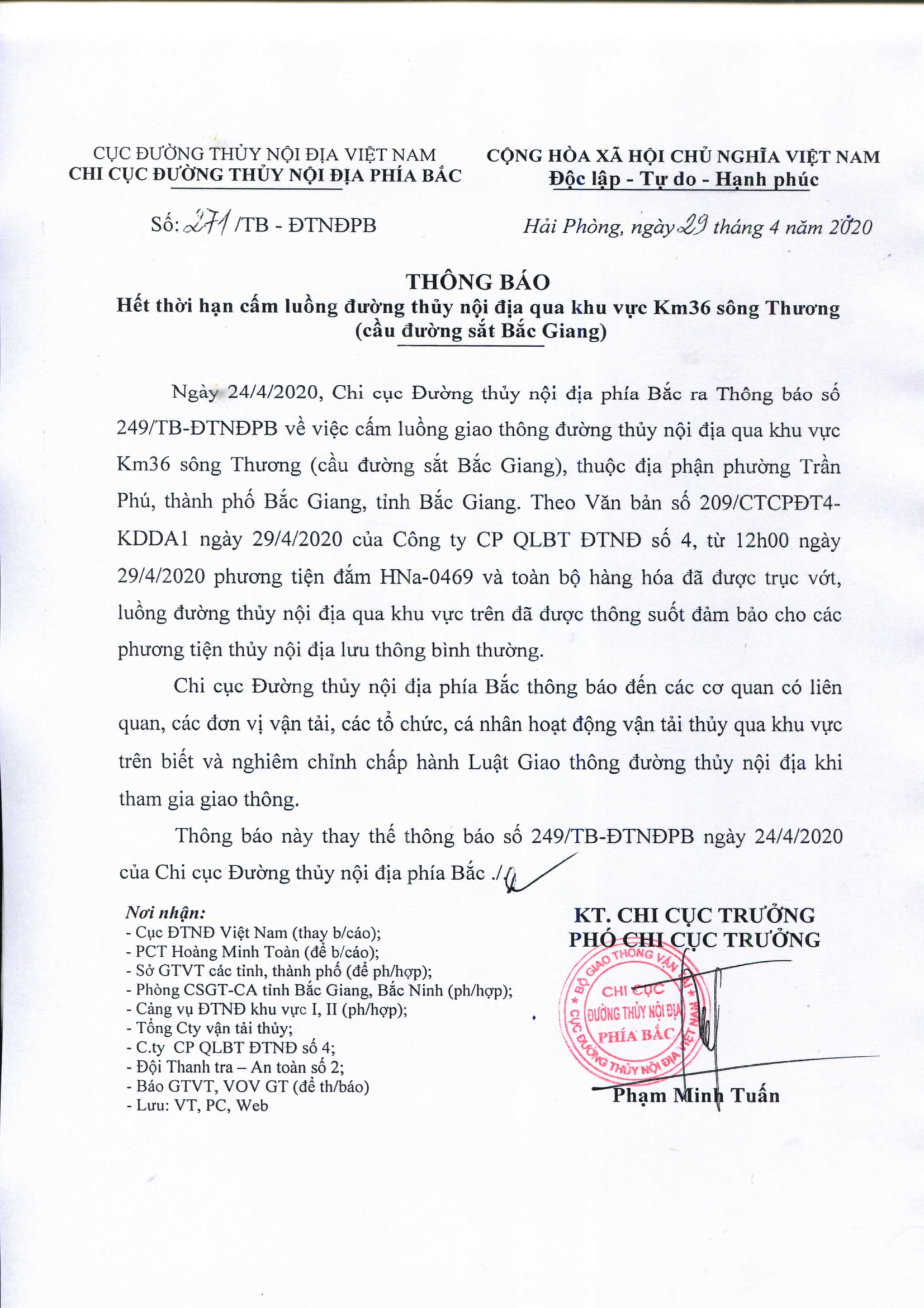 THÔNG BÁO: Hết thời hạn cấm lường đường thủy nội địa qua khu vực Km36 sông Thương(cầu đường sắt Bắc Giang)