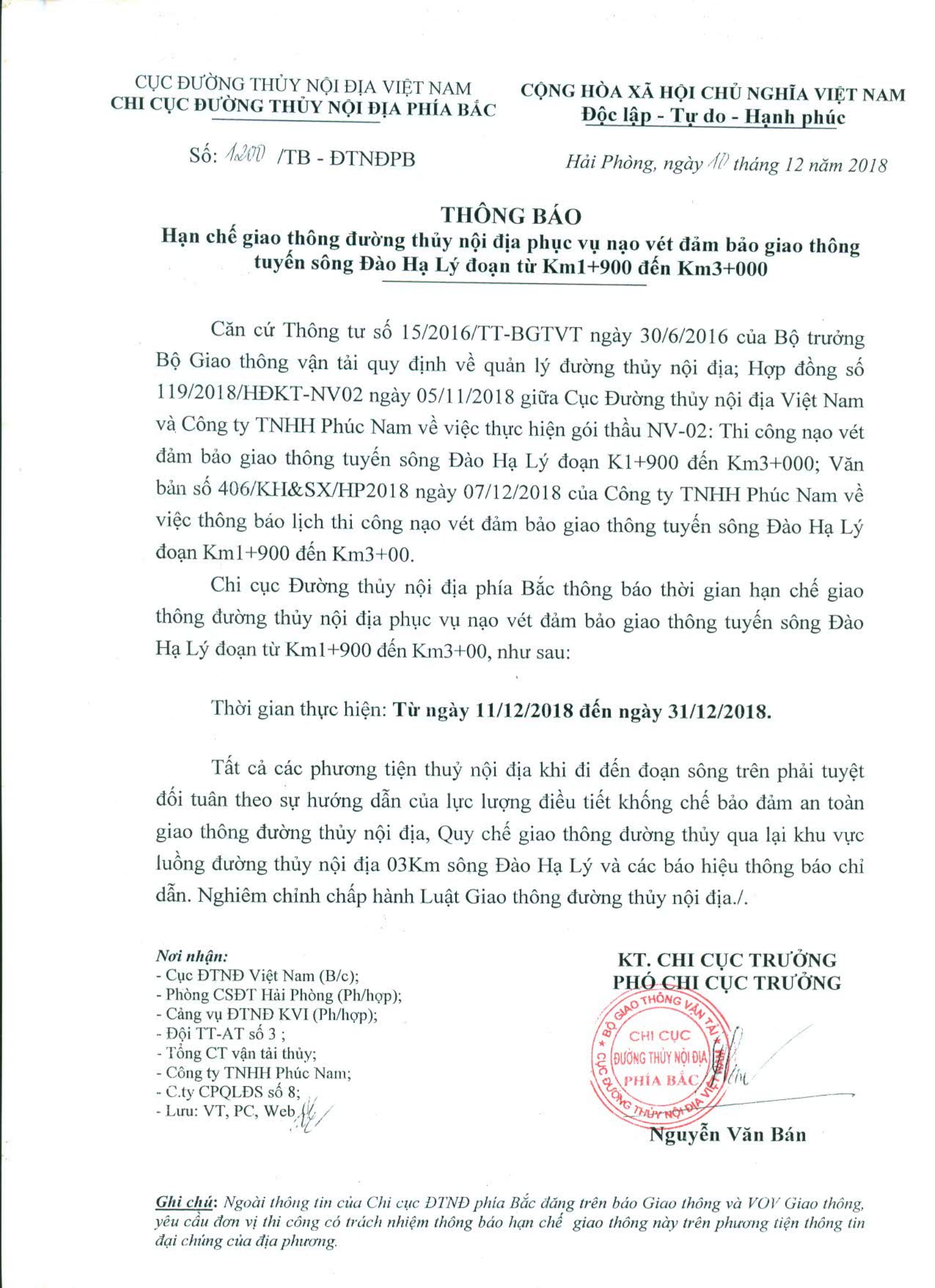 Thông báo HCGT ĐTNĐ khu vực nạo vét đoạn km 1+900 đến km 3+000 sông Đào Hạ Lý