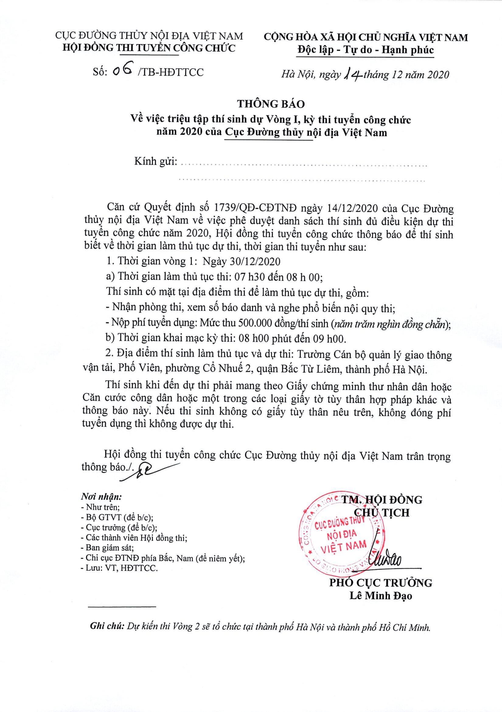 THÔNG BÁO: Về việc triệu tập thí sinh dự Vòng I, kỳ thi tuyển công chức năm 2020 của Cục Đường thủy nội địa Việt Nam