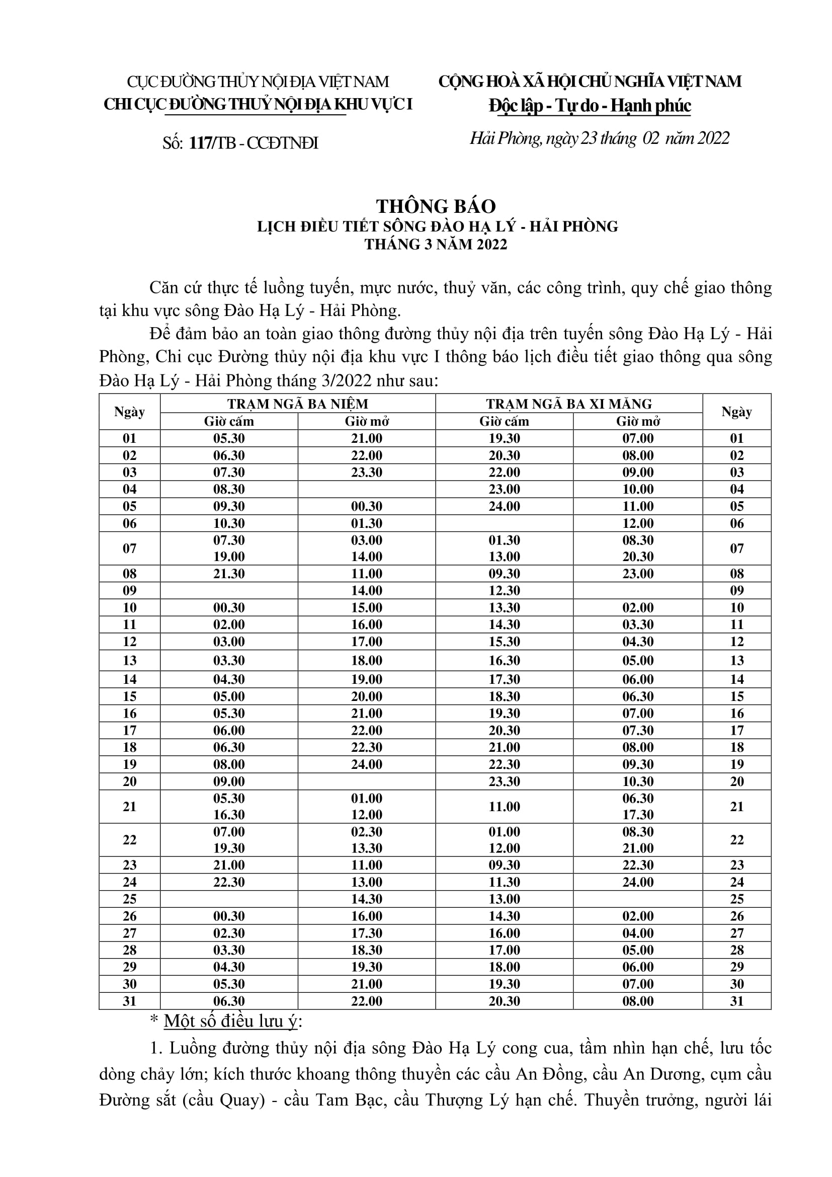 Thông báo điều chỉnh lịch điều tiết sông Đào Hạ Lý - TP Hải Phòng tháng 03/2022