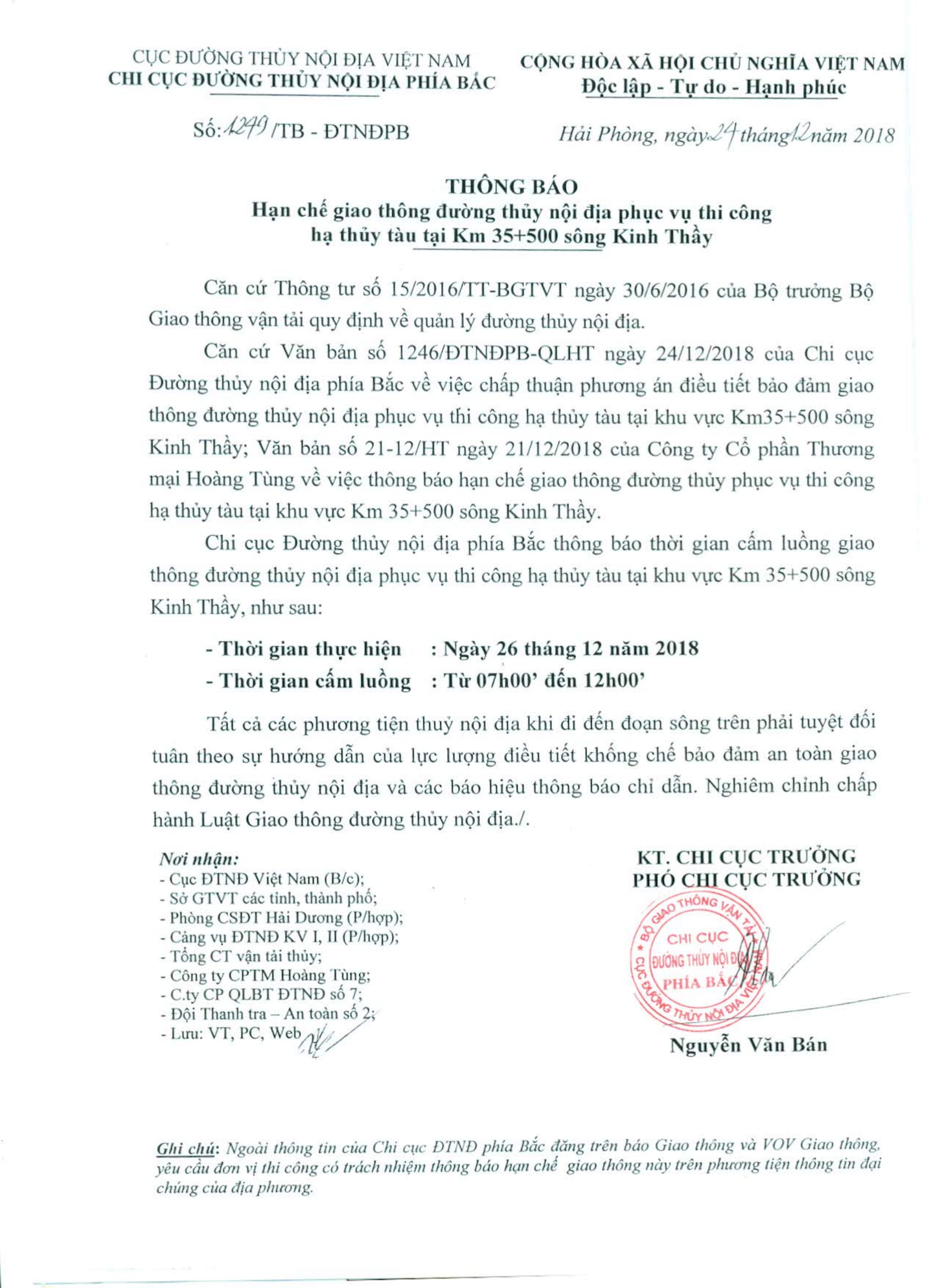 Thông báo HCGT ĐTNĐ phục vụ hạ thủy tàu qua sông Kinh Thầy