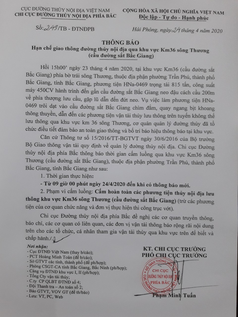 Thông báo HCGT ĐTNĐ qua khu vực Km36 sông Thương (cầu đường sắt Bắc Giang)