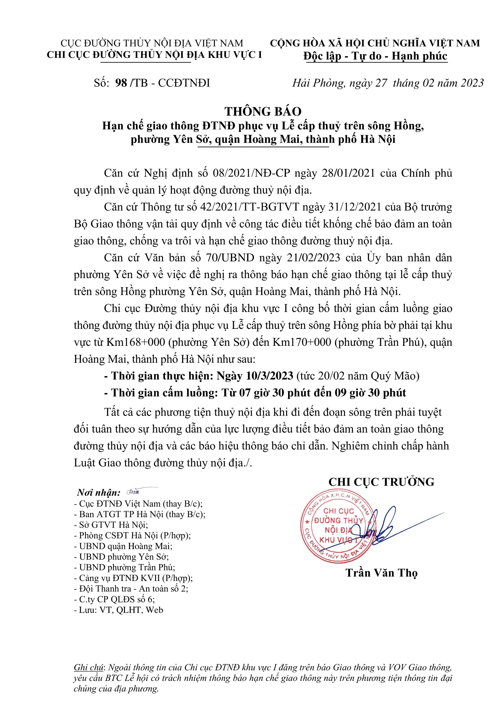 THÔNG BÁO Hạn chế giao thông ĐTNĐ phục vụ Lễ cấp thuỷ trên sông Hồng, phường Yên Sở, quận Hoàng Mai, thành phố Hà Nội 