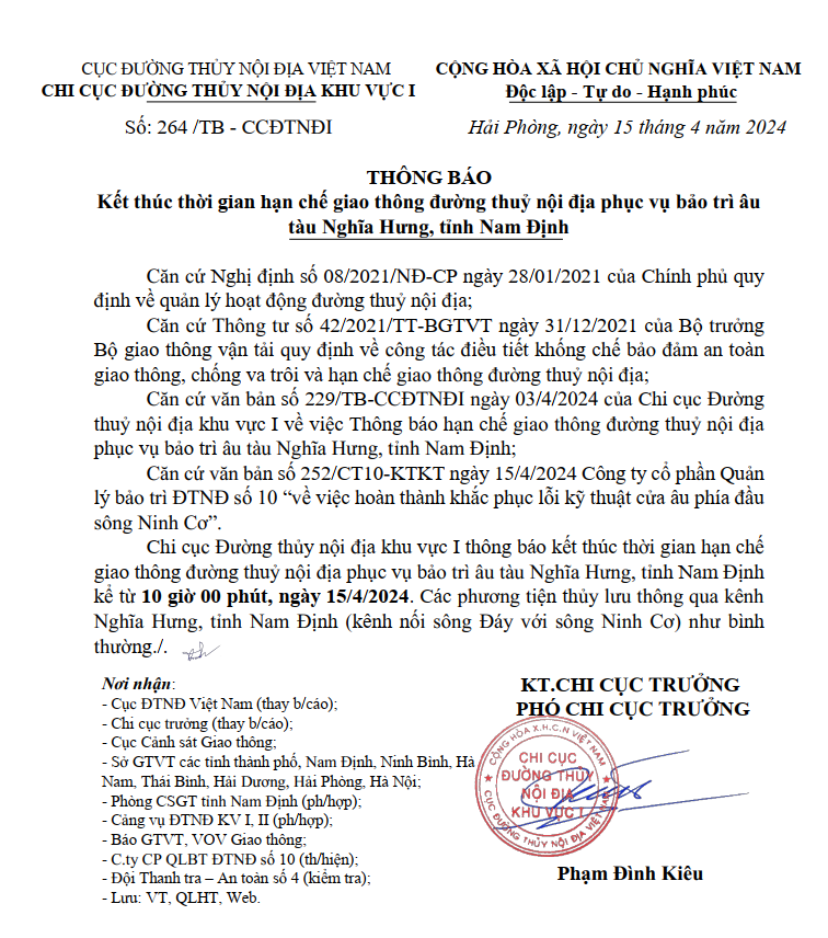 THÔNG BÁO Kết thúc thời gian hạn chế giao thông đường thuỷ nội địa phục vụ bảo trì âu tàu Nghĩa Hưng, tỉnh Nam Định 